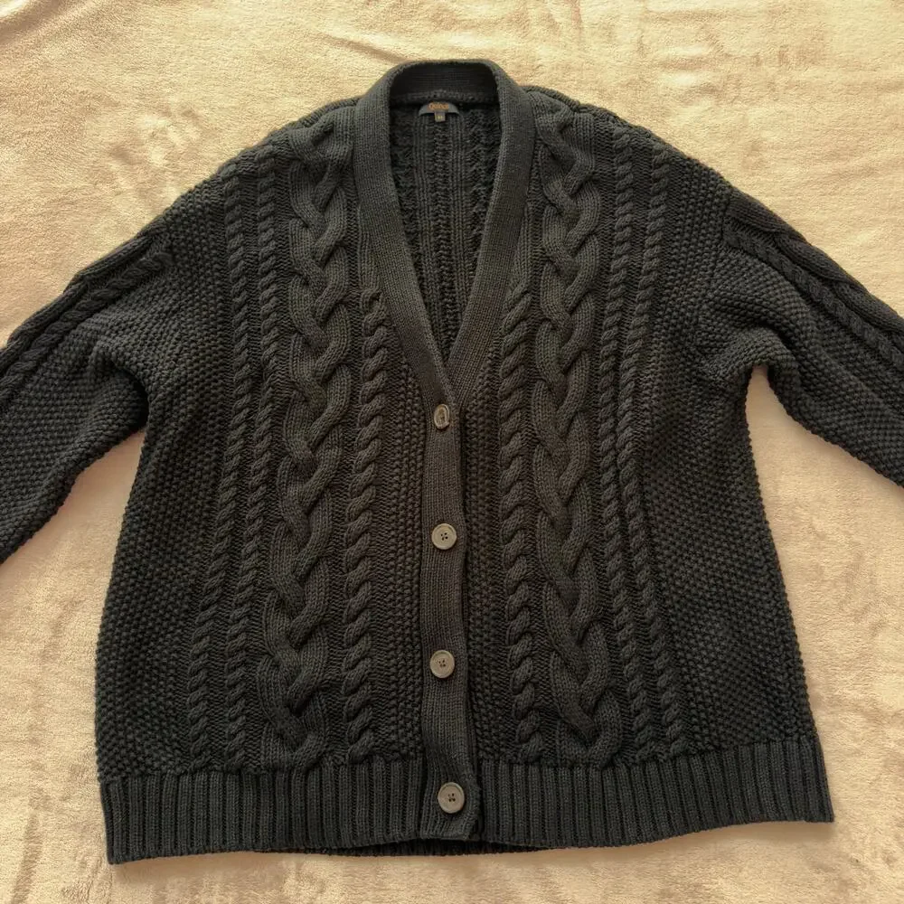 Quince 100% Organic Cotton Cable Knit Cardigan Black Size M